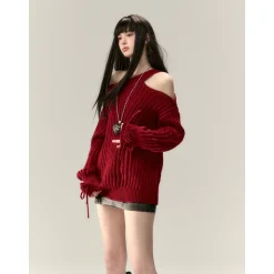 Via Pitti Rose Bow Irregular Collar Two-Way Sweater Red