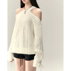 Via Pitti Rose Bow Irregular Collar Two-Way Sweater White