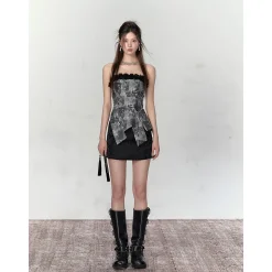 Via Pitti Rose Irregular Cutting Wrapped Top Black