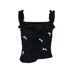 Via Pitti Ruffle Trim Bow Knots Halter Camisole Black