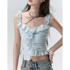 Via Pitti Ruffle Trim Bow Knots Halter Camisole Blue