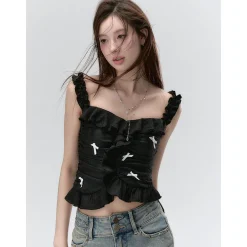 Via Pitti Ruffle Trim Bow Knots Halter Camisole Black