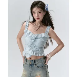 Via Pitti Ruffle Trim Bow Knots Halter Camisole Blue