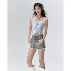 Via Pitti Ruffle Trim Bow Knots Halter Camisole Blue