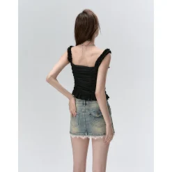 Via Pitti Ruffle Trim Bow Knots Halter Camisole Black