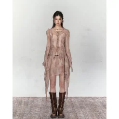 Via Pitti Ruffled Drawstring Tie Top Brown