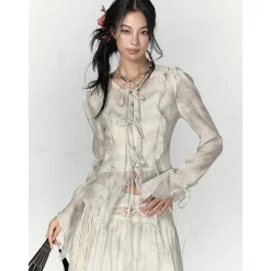 Via Pitti Ruffled Drawstring Tie Top Gray
