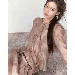 Via Pitti Ruffled Drawstring Tie Top Brown