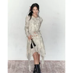 Via Pitti Ruffled Drawstring Tie Top Gray