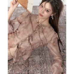 Via Pitti Ruffled Drawstring Tie Top Brown