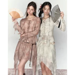 Via Pitti Ruffled Drawstring Tie Top Brown