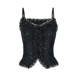 Via Pitti Sparkly Lace Patchwork Sling Vest Black