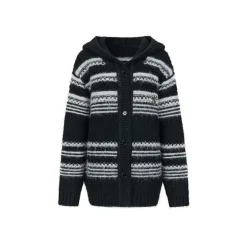 Via Pitti Striped Hooded Woolen Thicken Cardigan Black