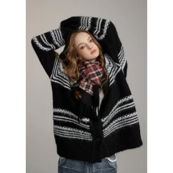 Via Pitti Striped Hooded Woolen Thicken Cardigan Black