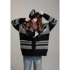 Via Pitti Striped Hooded Woolen Thicken Cardigan Black