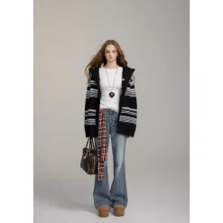 Via Pitti Striped Hooded Woolen Thicken Cardigan Black