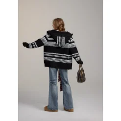 Via Pitti Striped Hooded Woolen Thicken Cardigan Black