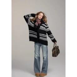 Via Pitti Striped Hooded Woolen Thicken Cardigan Black