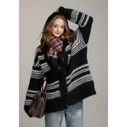 Via Pitti Striped Hooded Woolen Thicken Cardigan Black