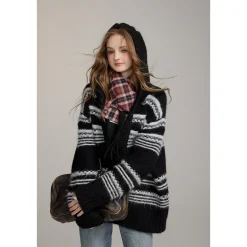 Via Pitti Striped Hooded Woolen Thicken Cardigan Black