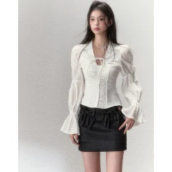 Via Pitti Thin Puff Sleeve Drawstring Shirt White