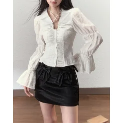 Via Pitti Thin Puff Sleeve Drawstring Shirt White