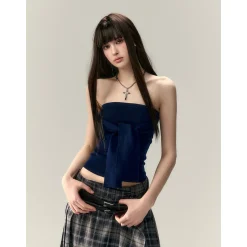 Via Pitti Versatile Tie Knit Slim Tube Top Vest Navy Blue