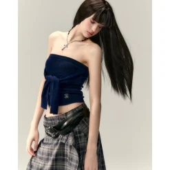 Via Pitti Versatile Tie Knit Slim Tube Top Vest Navy Blue