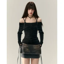 Via Pitti Wrinkled Off-Shoulder Two-Way Slim Top Black