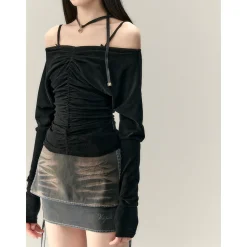 Via Pitti Wrinkled Off-Shoulder Two-Way Slim Top Black