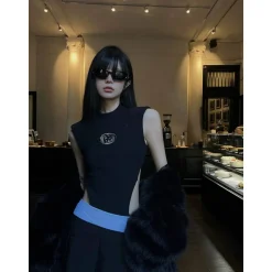Weird Market Logo Patch Shoulder Pad Vest Top Black