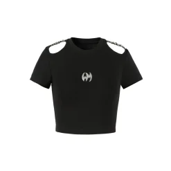 Weird Market Metal Logo Hollow Out Slim Top Black