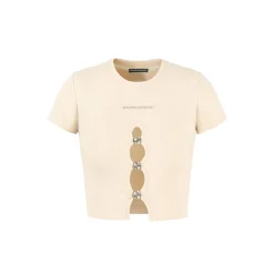 Weird Market Metal Logo Hollow-Out Knit Crop Top Beige