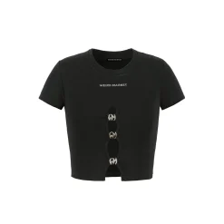 Weird Market Metal Logo Hollow-Out Knit Crop Top Black