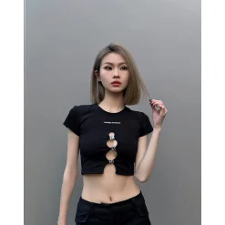 Weird Market Metal Logo Hollow-Out Knit Crop Top Black