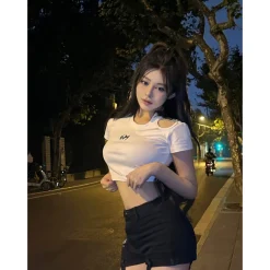 Weird Market Metal Logo Hollow Out Slim Top White