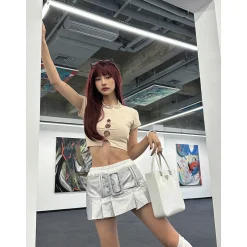 Weird Market Metal Logo Hollow-Out Knit Crop Top Beige