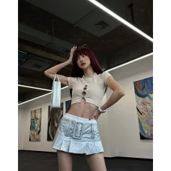 Weird Market Metal Logo Hollow-Out Knit Crop Top Beige