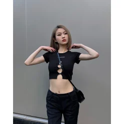 Weird Market Metal Logo Hollow-Out Knit Crop Top Black