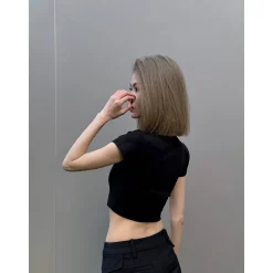 Weird Market Metal Logo Hollow-Out Knit Crop Top Black