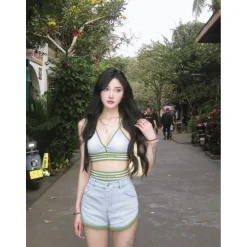 Weird Market Striped Sports Bra Top Blue