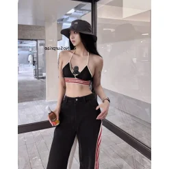 Weird Market Striped Sports Bra Top Black