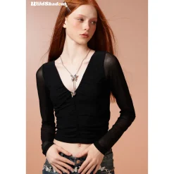 Wildshadow Metal Heart V-Neck L/S Slim Top Black