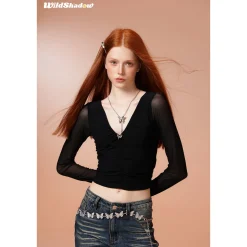 Wildshadow Metal Heart V-Neck L/S Slim Top Black