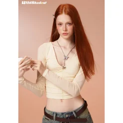 Wildshadow Metal Heart V-Neck L/S Slim Top Cream