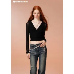 Wildshadow Metal Heart V-Neck L/S Slim Top Black