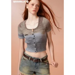 Wildshadow Teddy Bear Gradient Faded Knit Crop Top