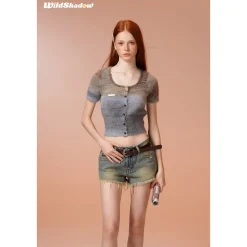 Wildshadow Teddy Bear Gradient Faded Knit Crop Top