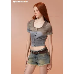 Wildshadow Teddy Bear Gradient Faded Knit Crop Top