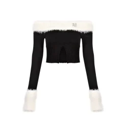AGAM Color Blocked Off-Shoulder Split Knit Top Black